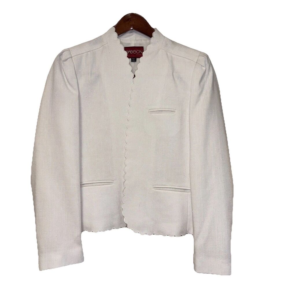 Sasson Women Blazer Collarless Blazer Jacket Scalloped Hem White Pockets Vntg 10